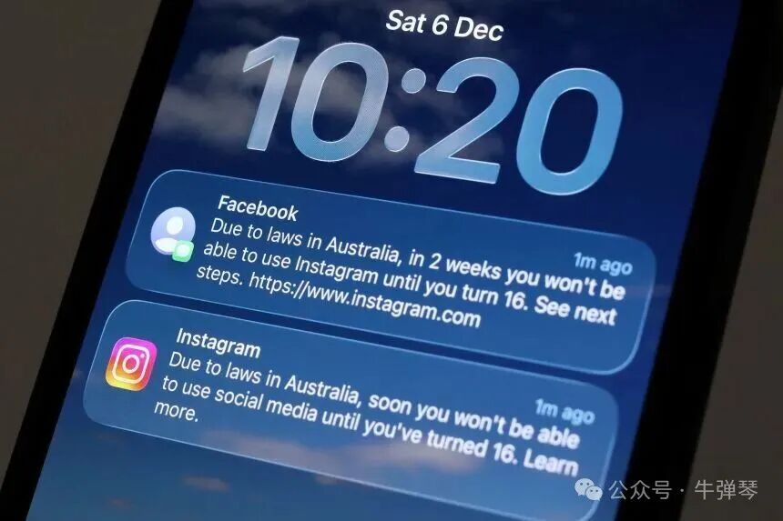 随着Meta准备于2025年12月6日在澳大利亚禁止16岁以下用户使用社交媒体的新法律,Facebook和Instagram提醒显示在手机上。