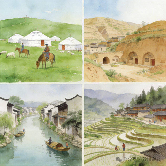 四宫格插画:左上草原蒙古包与牧民,右上黄土高原窑洞村落,左下江南水乡渔船,右下云南哈尼梯田村寨,风格统一,写实水彩风。