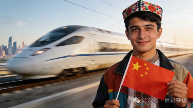 一位维吾尔族青年身着传统花帽与现代夹克,手持国旗,背景是飞驰的高铁——传统与现代、民族与国家认同在此统一